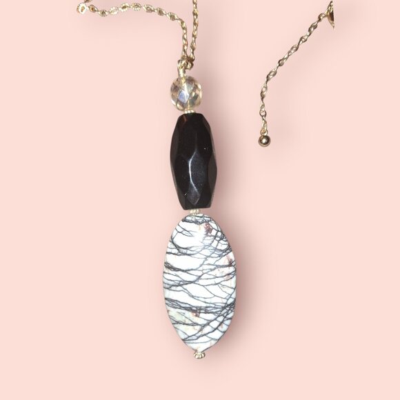 Picasso Jasper Onyx statement gemstone white black necklace goldtone euc - Picture 2 of 9